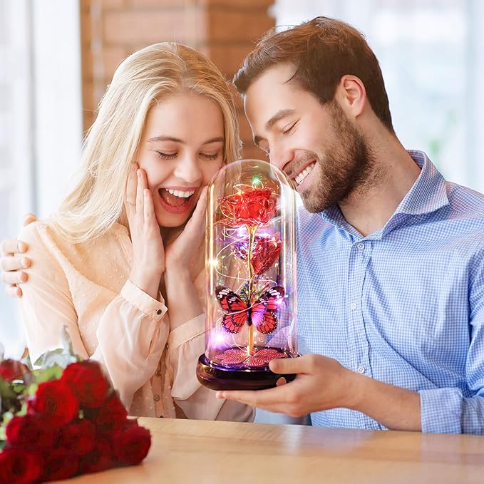 Valentines Day Rose Gifts for Her Birthday Gift for Women, Rechargeable Galaxy Glass Rose in Glass Dome Eternal Crystal Flower Butterfly Gift Valentine Gifts for Women Daughter Mom Wife Girlfriend Red
