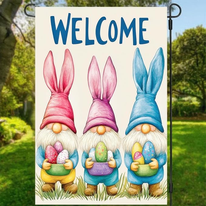 Happy Easter Garden Flag 12 x 18 inch Double Sided Three Cute Gnomes Yard Flag Welcome Easter Colors Egg Garden Flag for Home Lawn Outdoor Decorations