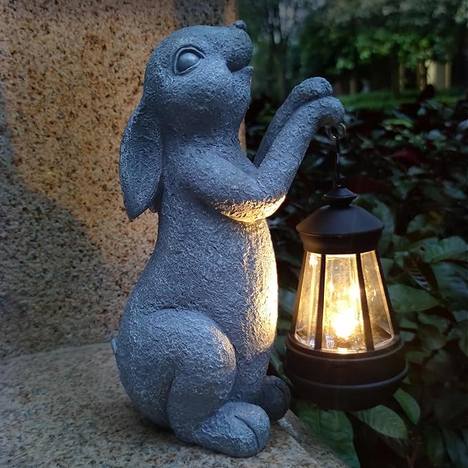 Qobumy Rabbit Solar Garden Statues,Resin Rabbit Figurine Decorations with Solar Lights Lantern, Outdoor Figurines Lawn Garden Statue Decor Art for Lawn,Yard, Balcony Ornament.