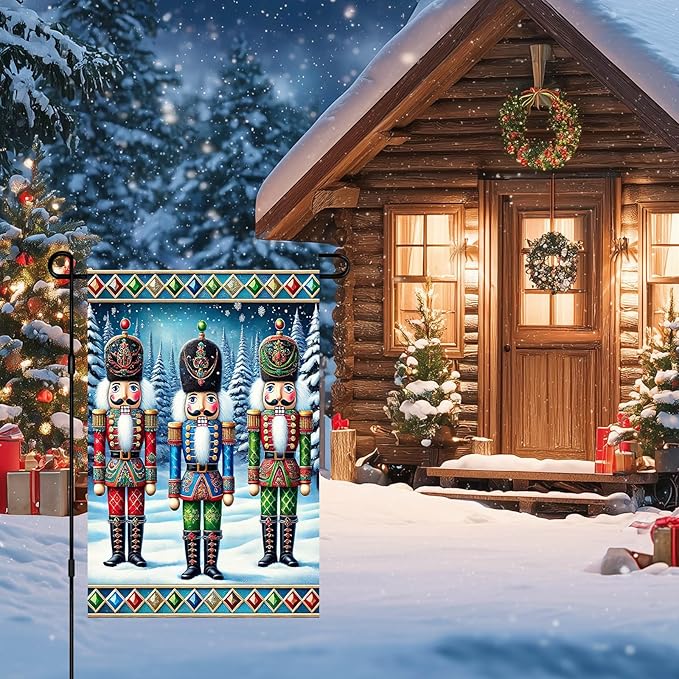 IVN Christmas Garden Flag 12x18 Inch Nutcracker Soldiers in Colorful Uniform with Snowy Pine Trees and Holiday Border Flag Double Sided Outdoor Yard Banner for Porch Lawn Patio Decor Winter
