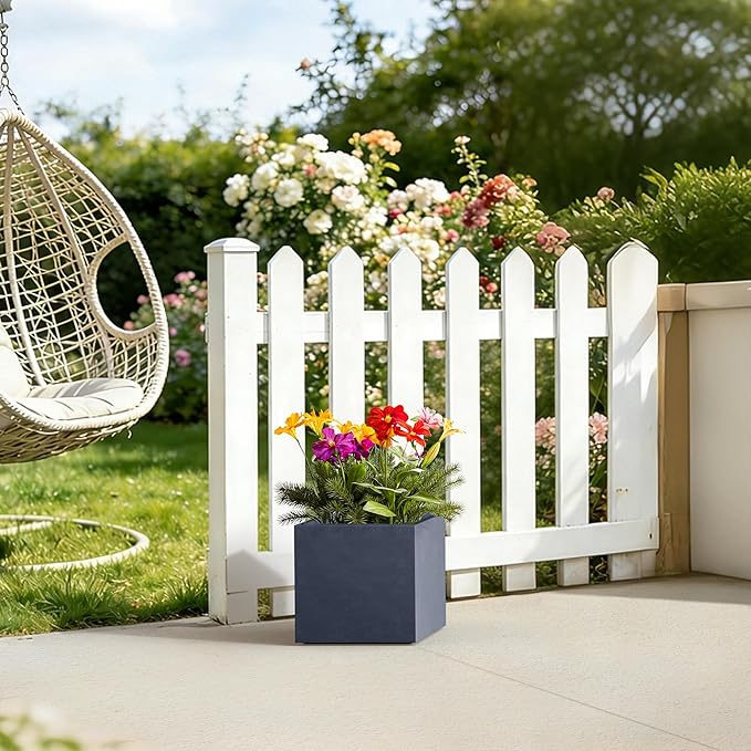 Kante 12 Inch Square Concrete Planter for Outdoor Indoor Home Patio Garden, Large Plant Pot with Drainage Hole and Rubber Plug, Charcoal