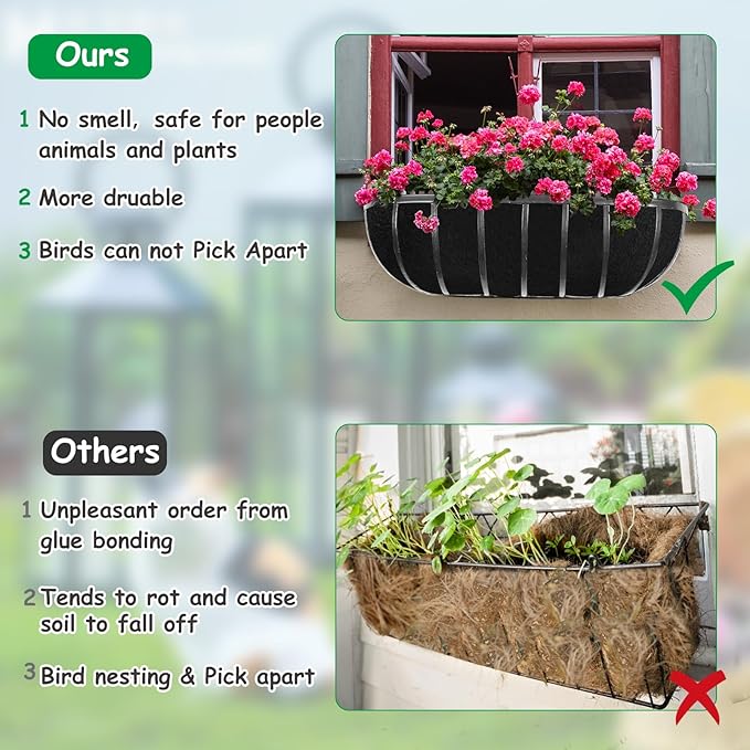 2PCS 24 Inch Window Box Liner Fabric Planter Basket Liner Trough Planter Insert Liner Black Hanging Flower Basket Liners Non-Woven Felt Plant Liner for Planters Fence Garden - Avoid Bird Nesting