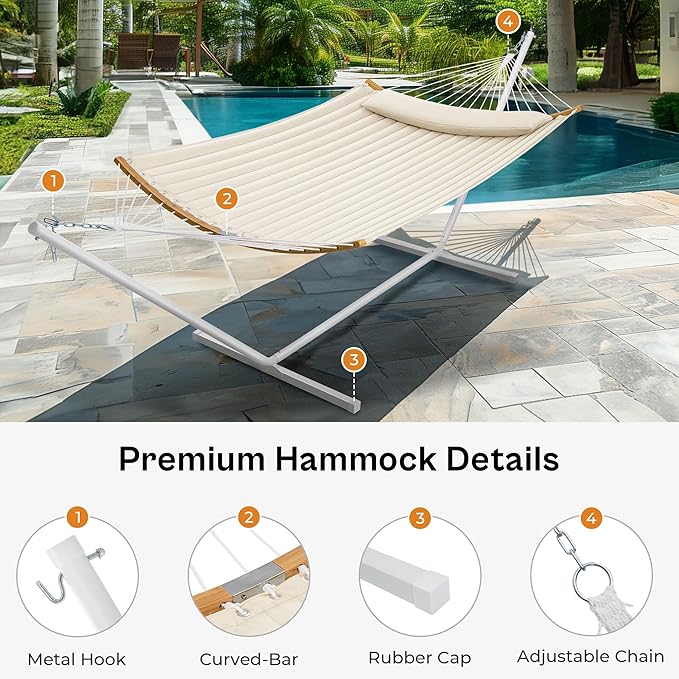 SUPERJARE Hammock with Stand, 2 Person Heavy Duty Hammock with Padded Cotton, Detachable Pillow & Strong Curved-Bar & Portable Carrying Bag, Perfect for Outdoor & Indoor, Beige