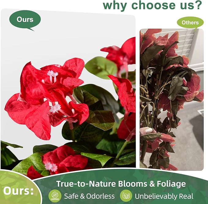 Bougainvillea Artificial Hanging Flowers for Outdoor 3 Pcs Faux Bougainvillea Flowers Fake Hanging Plants Silk Flowers Long Trailing Vines for Front Door Porch Planter Patio Balcony (Red)