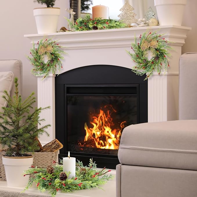 8 Pcs Artificial Christmas Candle Rings 9 Inch Cedar Pine Garland Wreaths with Red Berries Pinecones Wreaths Pine Needles Candle Ring Holder for Christmas Winter Decorations Table Centerpiece