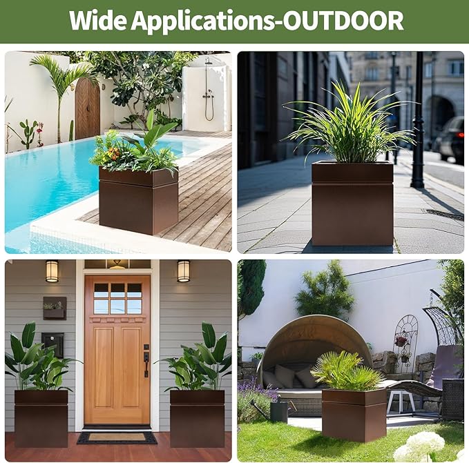 HONYTA Matel Planter Box 20" L x 20" W x 21" H, Cube Heavy Duty Powder Coating Steel Planters with Drainage Hole, Indoor Outdoor All-Weather Use for Home, Porch, Patio, Garden(Bronze)