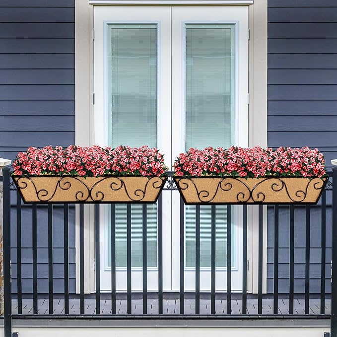 Y&M 24 Inch Window Deck with Coco Liner, Fence Metal Hanging Flower Planter Window Basket Deck Railing Planter Boxes for Outdoor Garden Lawn-Butterfly, 6pcs