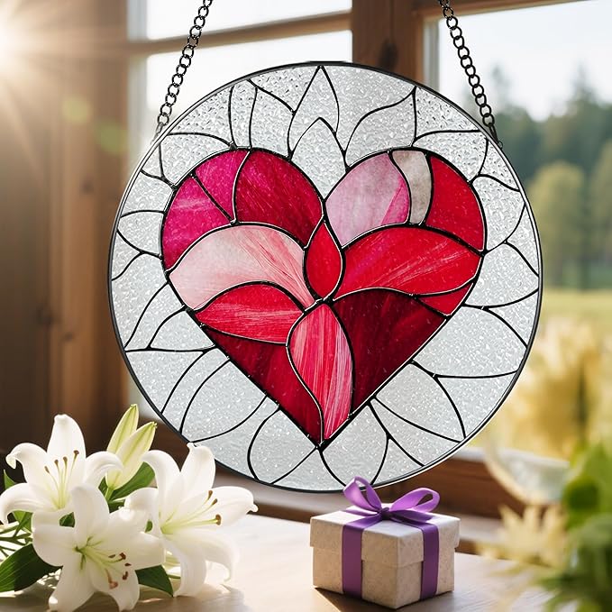 LAOWEIKI 8'' Valentine Heart Suncatcher Ornament, Stained Glass Window Hanging, Suncatchers for Windows Hanging Ornaments, Valentine's Romantic Decor | Valentine's Day Gift, Gifts for Girlfriend, Wife