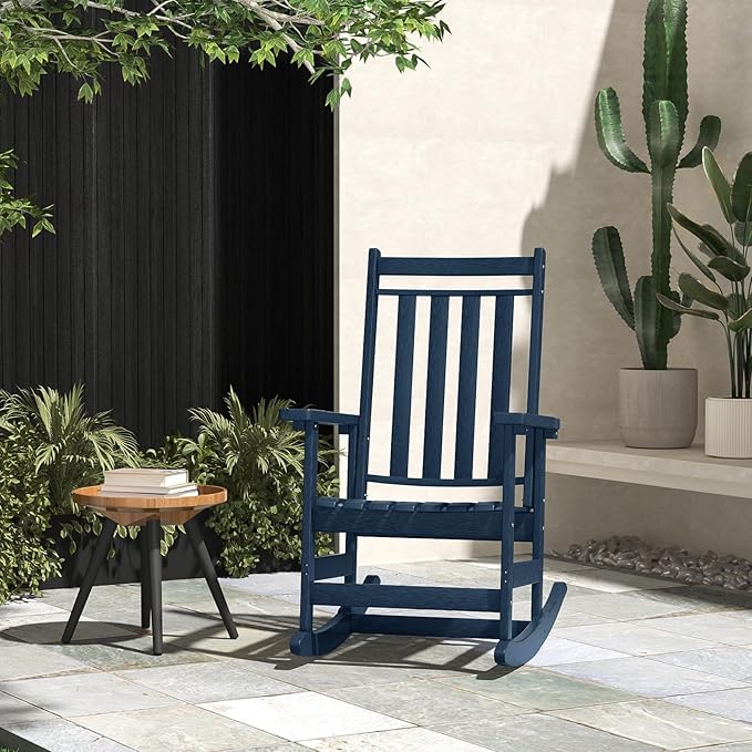Oversized Outdoor Rocking Chair,All Weather Rocker Chair with More Comfortable Seat Panel for Porch Patio Outside(Navy Blue)