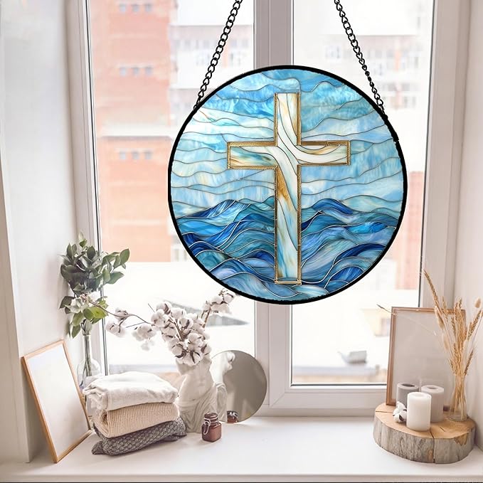 JOSUMALY Christian Gifts for Women - Blue Cross Stained Glass Window Hanging Jesus Easter Ocean Waves Sun Catcher Garden Religion Decor Mother's Day Catholic Gift for Men Grandma Mom Her Nana 15"