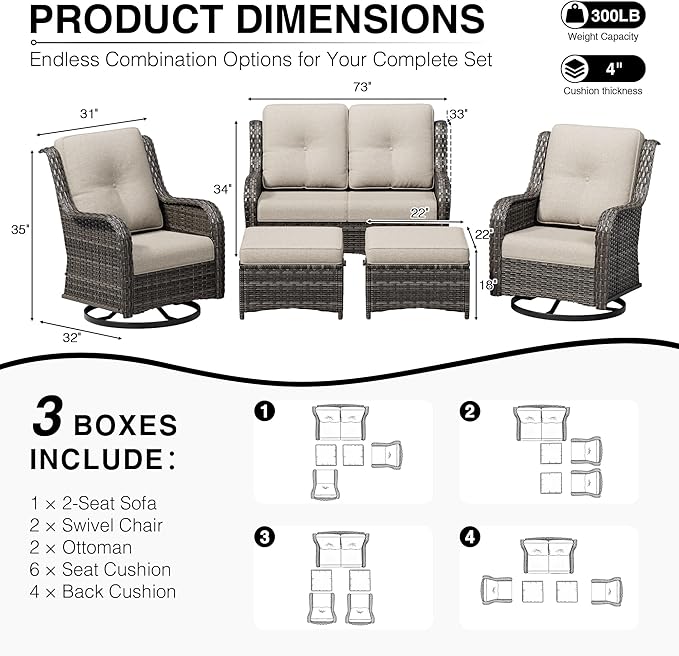 Joyside 5 Piece Wicker Patio Furniture Set, Outdoor Swivel Rocker Patio Chairs with High Back, Deep Seating, Wide Armrest, Thickened Cushions, Outdoor Furniture for Deck, Porch Use