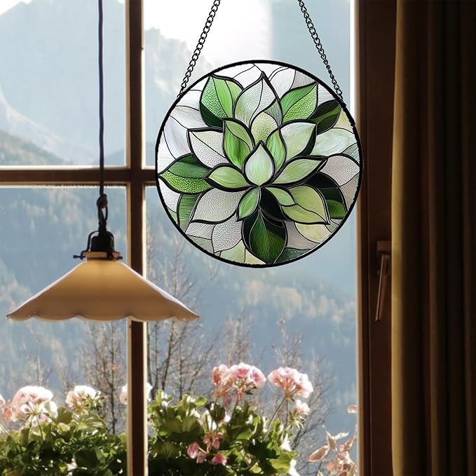 Stained Glass Window Hanging - Ireland Green Plants Suncatcher for Doors Garden Succulent Sun Catchers Decor Mother's St. Patrick's Day Birthday for Women Men Mom Nana 9.8 in