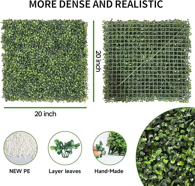 Artificial Grass Wall Panels, 24 PCS 20x20 inch Boxwood Hedge Wall Panels with 100 Zip Ties, Boxwood Backdrop for Outdoor Indoor Decorative Fences Privacy Hedge