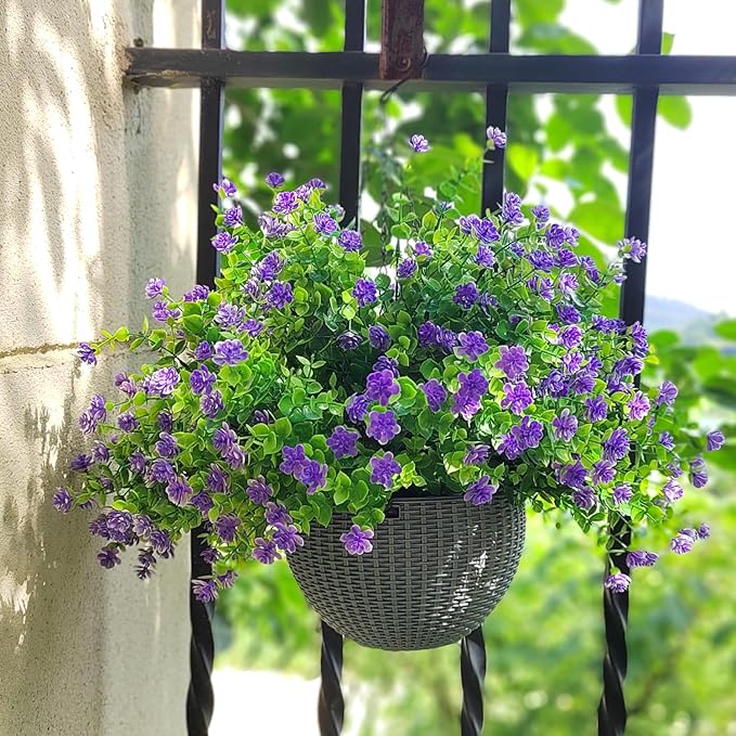 Grunyia 12 Bundles Artificial Flowers for Outdoors, UV Resistant Fake Flowers with Plastic Plants, Faux Flowers for Outside Window Box Front Porch Hanging Planter Decor (Purple)
