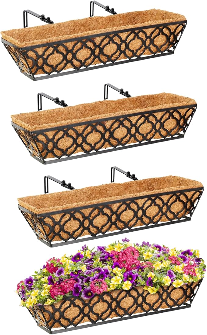Y&M Flower Boxes for Deck Railings 24inch 4packs, Deck Railing Planter Boxes with Coir Liner Outdoor Railing Window Boxes Planters Hanging Planter Flower Box