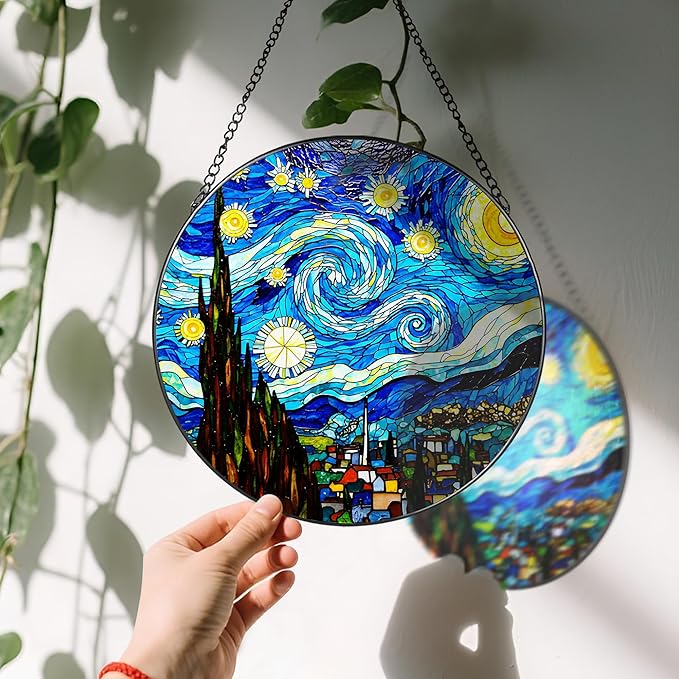 LAOWEIKI 8'' Van Gogh Starry Night Sun Catcher Ornament, Stained Glass Window Hanging, Sun Catchers for Windows Hanging Ornaments, Window Decor, Ideal Gift | Gifts for Art Lovers, Friends, Family