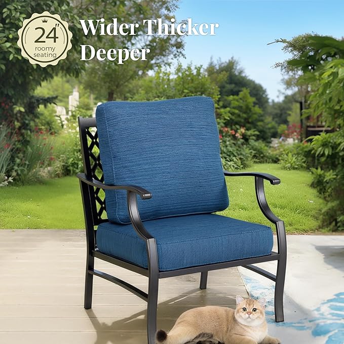 Patio Chairs Set of 2, High Back Outdoor Patio Metal Leg Chairs with 5.75" Thick Cushions for Bistro Balcony Porch Deck and Yard, Peacock Blue