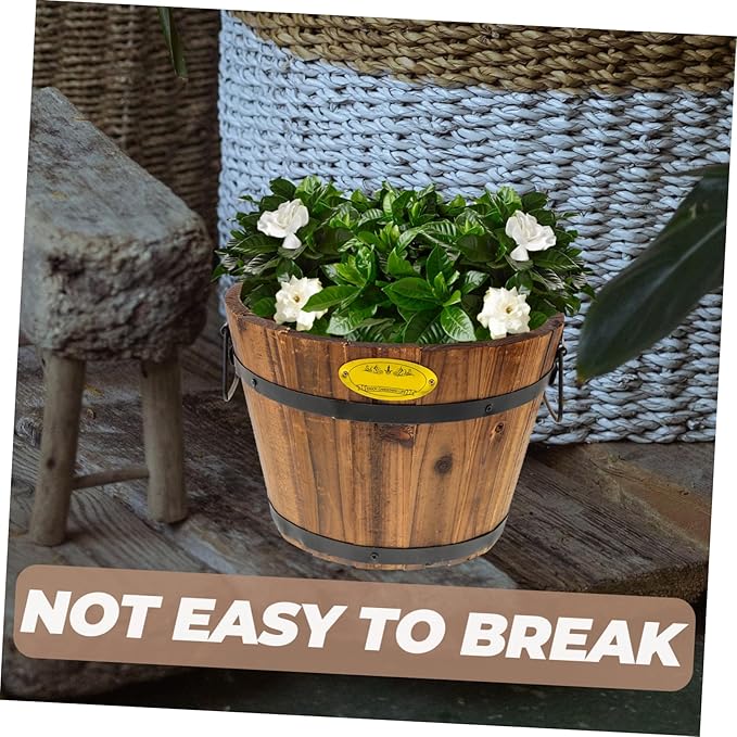 DOITOOL Wooden Barrel Planter 10.2 Inch Round Whiskey Barrel Flower Pot Rustic Wooden Flower Bucket with Handle for Indoor Outdoor Garden Balcony