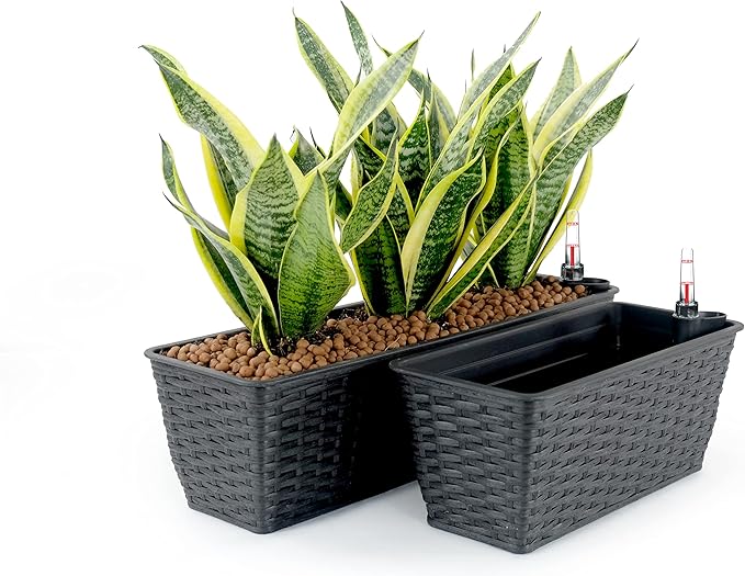 Smart Self-Watering Rectangle Planter for Indoor and Outdoor,Hand Woven Wicker,Espresso,UV Stabilized Frost Blocking Planter