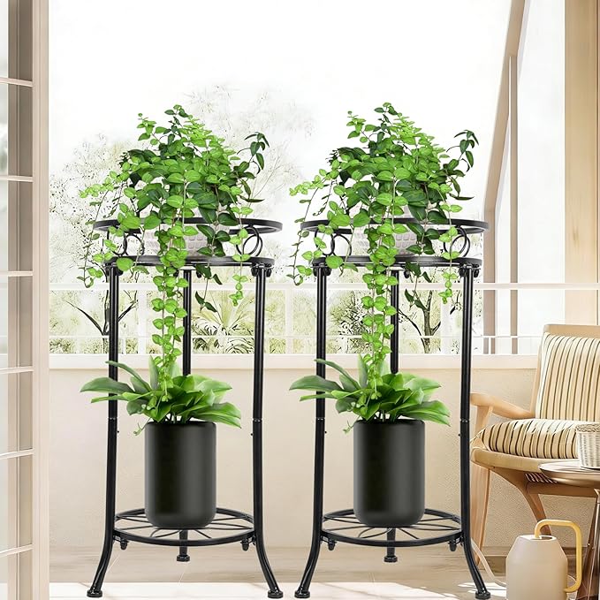 Indoor Outdoor Metal Plant Stand Christmas Gift,20.3" Heavy Duty Flower Pot Stands for Multiple Plant,2 Tier Modern Flower Pot Stand Holder Rack Planter Display for Patio Garden Balcony(2 Pack Black)