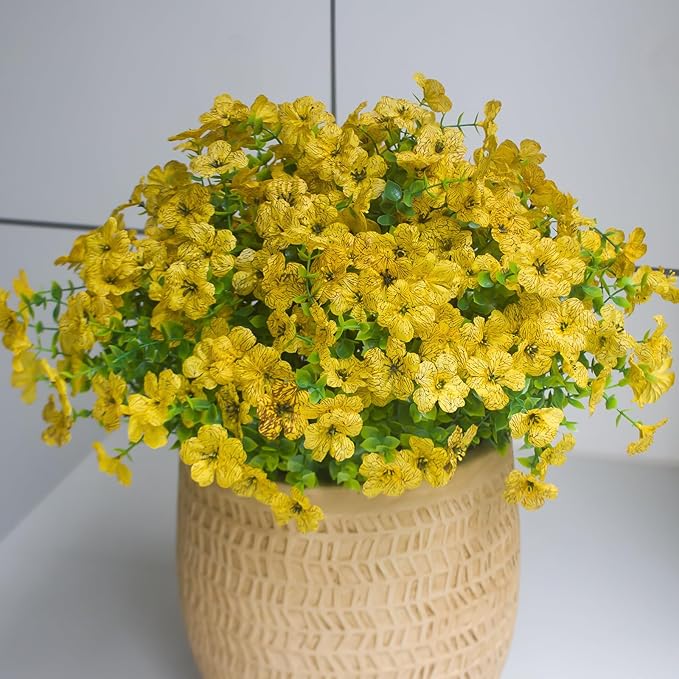 HIFORESTAR Yellow Artificial Outdoor Flowers 12 Bundles Fake Daisy Faux Mums Fall Plants Cheerful Weatherproof Floral Arrangements Decoration for Outside Landscaping Decor (Yellow Daisy)