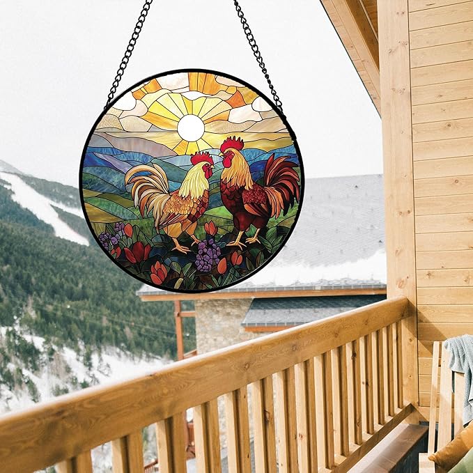Stained Glass Window Hanging, Countryside Scenery Chicken Sun Catcher for Door Home Decor Sunrise Suncatcher Christmas Mother's Day Birthday Gifts for Women Men Mom Nana 7.8 in