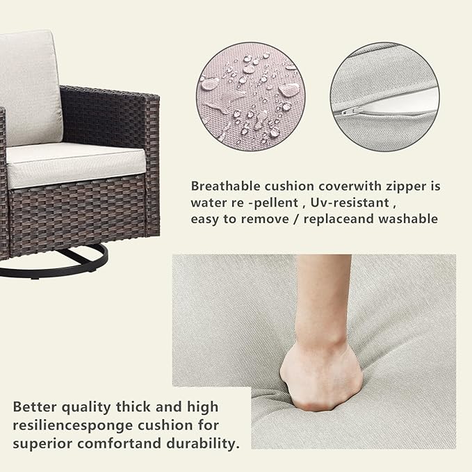 Rilyson Outdoor Patio Swivel Rocker Chairs - 3 Piece Wicker Patio Furniture Bistro Swivel Rocking Chairs Set with Comfortable Cushions,Sturdy Metal Frame and Side Table for Porch Deck(Brown/Beige)