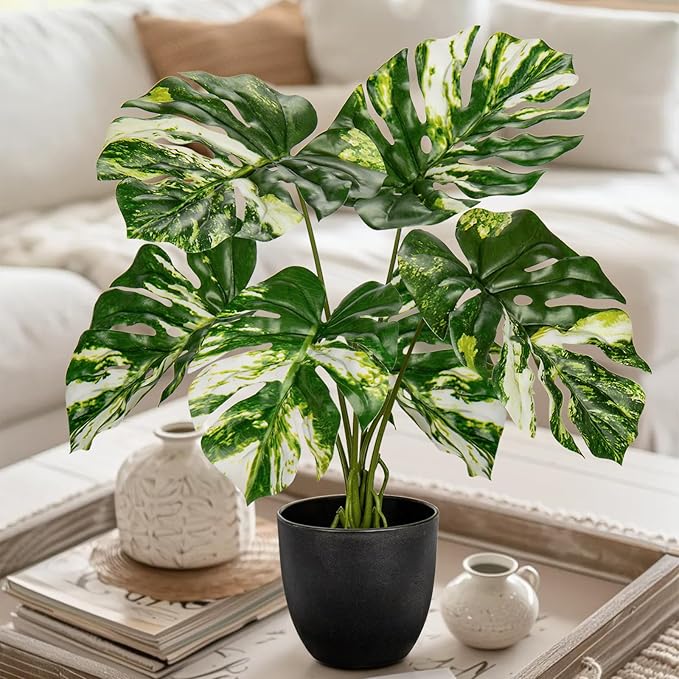 Briful Fake Plants Variegated Monstera Leaves Faux Plant Indoor in Black Pot Artificial Potted Plant Houseplant for Home Decor Patio Farmhouse Kitchen Bathroom
