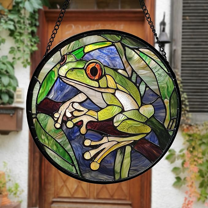 Stained Glass Window Hanging, Teal Frog Sun Catcher for Door Home Decor Green Suncatcher Christmas Mother's Day Birthday Gifts for Women Men Mom and Nana 11.8 in