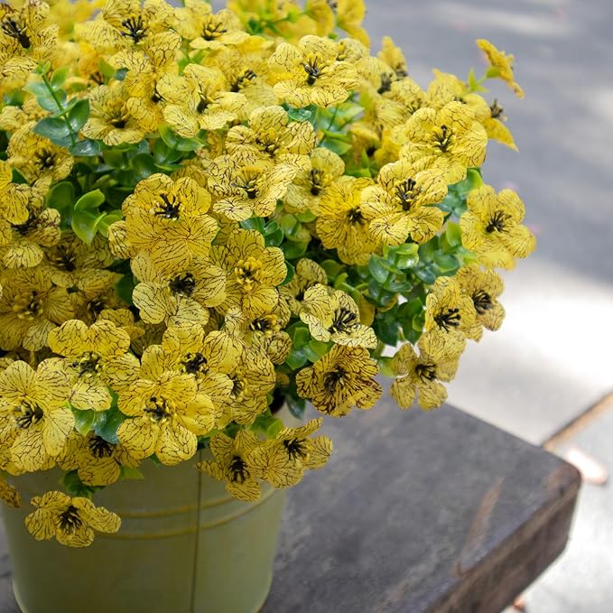 BCBLF Faux Flowers for Outdoor Planters, Artificial Flowers for Outdoors, 12 Bundles Outdoor Flowers Uv Resistant, Artificial Flowers for Decoration, Yellow, Silk Faux Spring Flowers for Outside