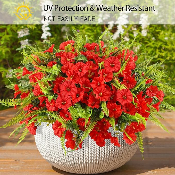 HIAGROW Artificial Flowers Outdoors 12 Bundles Artificial Petunias Fake Flowers UV Resistant Shrubs Plants with Fern for Indoor Outside Hanging Planters Home Garden Summer Decorations (Red)