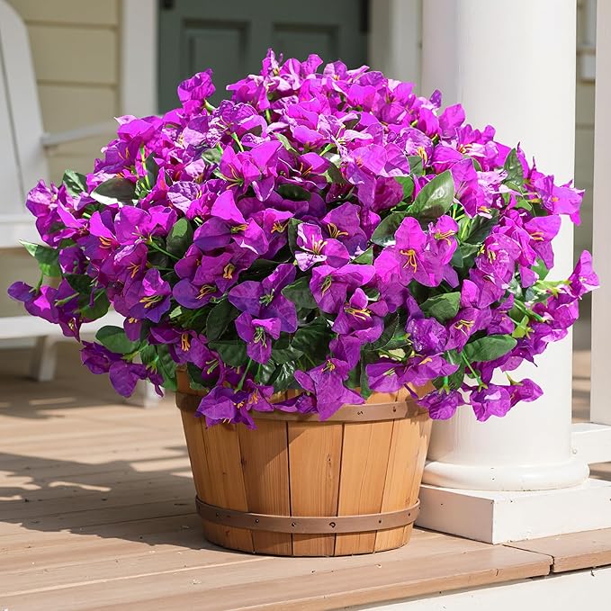 Fake Bougainvillea Artificial Flowers for Outdoors Spring Summer Decor, 4 Bundles Realistic Faux Silk Outside Flowers UV Resistant Faux Plants for Planter Patio Front Door Window Garden Home, Purple