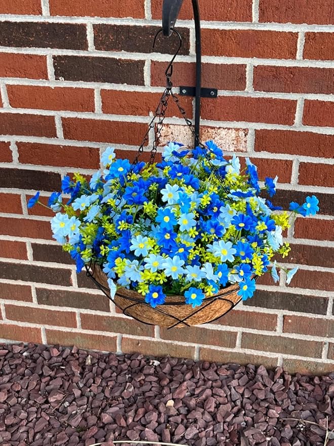 Lamsze Artificial Faux Hanging Plants Flowers Basket for Summer Autumn Outdoor Outside Porch Decoration, Fake Silk Colorful Daisy Eucalyptus UV Resistant Look Real for Home Patio Balcony Yard