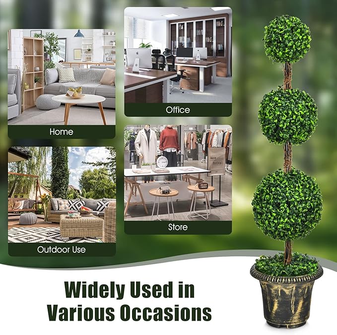 DREAMADE 4ft Topiary Trees Artificial Outdoor/Indoor, Faux Plants Shrub Bushes w/Cement-Filled Retro Pot, Fake Triple Ball Boxwood Topiary Set of 2 for Home, Office, Porch, Front Door, Entrance