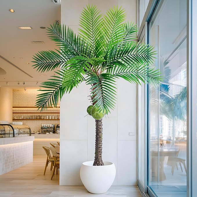 Erimda 30-Year Factory Faux Coconut Tree - 6FT Faux Palm Tree Realistic Thick Trunk & Heavy Duty Leaves, Hand-Carved Bark Texture, Indoor Tropical Decor for Living Room/Store, No Shiny Plastic Look