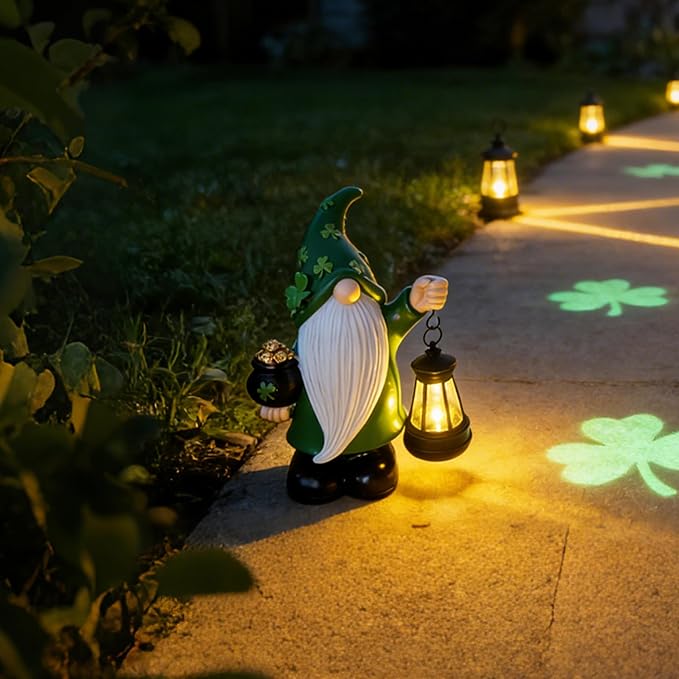 St Patrick's Day Gnome Decorations Outdoor, Solar Leprechaun Decor with Pot of Gold, Resin Figurine with Shamrocks & Solar Light for Garden Patio, Holiday Gift for Luck and Fortune