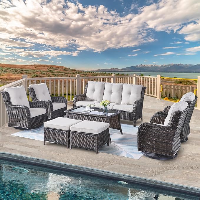 Belord Wicker Patio Furniture Sets - 8 Piece Rattan Outdoor Furniture Conversation Sets with 4 Swivel Rocker Chairs, Rattan Sofa, Wicker Ottomans and Coffee Table, Brown/Beige