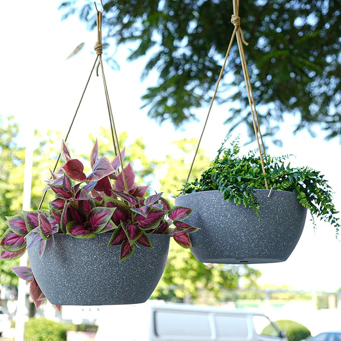 SwinDuck 12 Inch 2 Pack Large Hanging Planters for Indoor Outdoor Plants, Plastic Hanging Basket Pots for House Plants Flowers, Grey