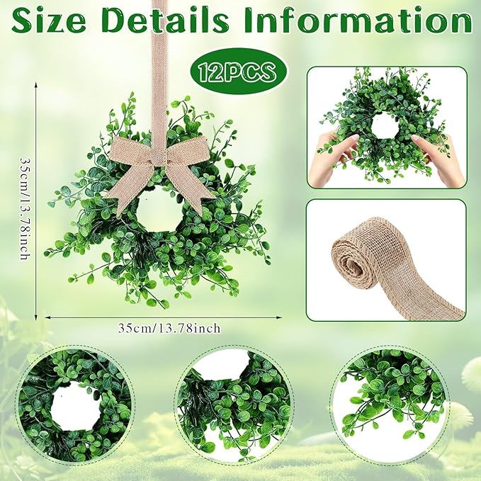 12 Pcs Mini Boxwood Table Centerpieces Green Pillars Candle Rings Wreaths 9 Inch Wreath for Cabinets Farmhouse Wreaths with Ribbon for Front Door Porch Wall Window Decorations