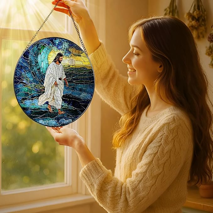8-Inch Jesus Christian Suncatcher Ornament, Stained Glass Window Hanging, Religious Ornament, God Jesus Home Decor, Faith Window Decor — Gift for Christmas & Holidays, Christian Gifts, Religious Gifts
