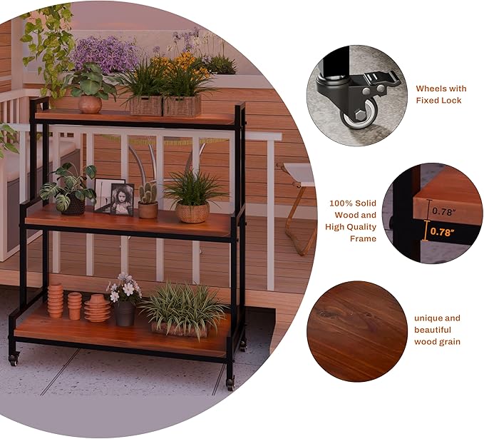 YCCO Plant Stand Indoor with Wheels 37” H, Rolling Plant Shelf Rack Outdoor,Metal Plant Stand with Solid Wood for Multiple Plants,Industrial Ladder Plant Flower Shelf for Garden,Living Room,Walnut