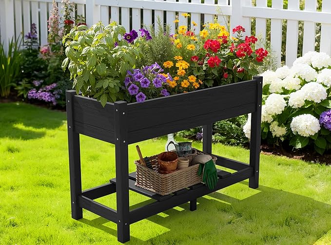 SERWALL Raised Garden Bed with Legs, 43"×17"×30" Large HDPE Elevated Planter Box for Vegetables Flower Herb Patio, All Weather Use-Black