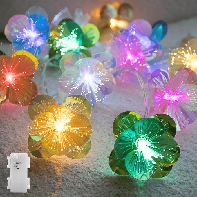 YOLIGHT Fiber Optic Flower String Lights Battery Operated with Timer, 6.5ft 10 LED Colorful Flower Garland Light Fairy Decor Lights for Room Table Wedding Christmas Easter Décor (Multi-Color)