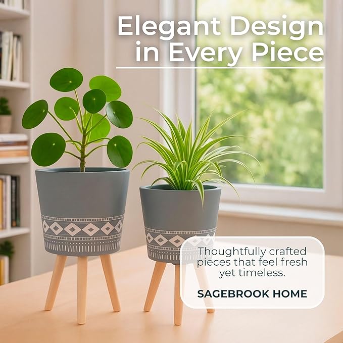 Set of 2 Resin Planters with Stands – Plant Stand Indoor Display, Outdoor Decor – Living Room Or Patio Placement – Mid–Century Style Plant Stand Home Decor – 12" & 10", Gray