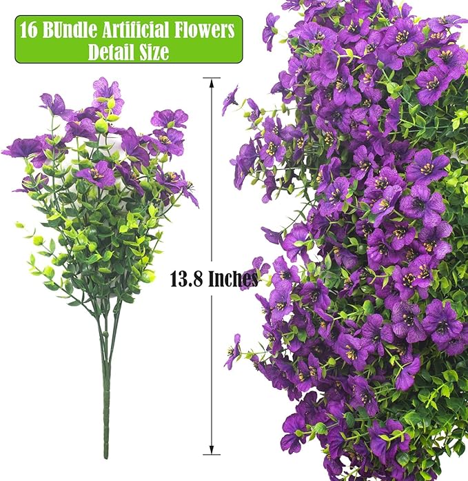 Grunyia Artificial Fake Flowers for Outdoor Spring Decoration, 16 Bundles Faux Silk Colorful Daisy UV Resistant Realistic for Outside Porch Patio Home Yard Garden Planters Pots Window Box (Purple)