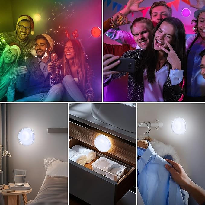 EverBrite Puck Lights with Remote, Rechargeable Linked Sensor Under Cabinet Lights, 10 RGB Colors, Group Control Dimmable Kitchen & Bedroom (6-Pack)