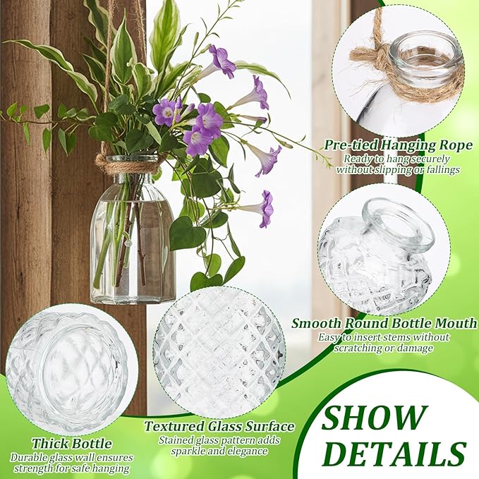 Teecyhooo 6 Pcs Stained Glass Hanging Vases Colorful Glass Terrariums with Rope Small Hanging Planters Pot Containers for Air Plants Flowers Garden Home Wedding Decor(Clear Series)