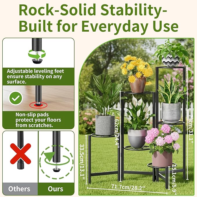 NQW 6 Tier Metal Plant Stands Outdoor Indoor, Heavy Duty Flower Pot Holder Potted Display Rack Shelf, Tall Corner Plant Shelf for Patio Garden Balcony Living Room Bedroom -BlackDiamond
