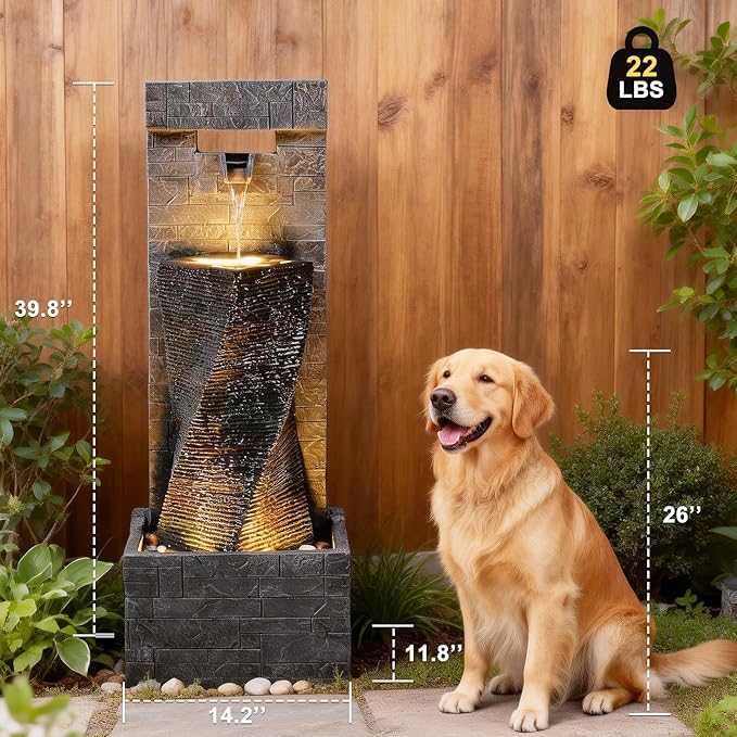 39.8" H Large Modern Indoor Water Fountains Floor Standing Waterfall Fountain for Indoor or Outdoor with LED Lights and Pump for Deck, Patio, Porch, Garden, Yard Decor