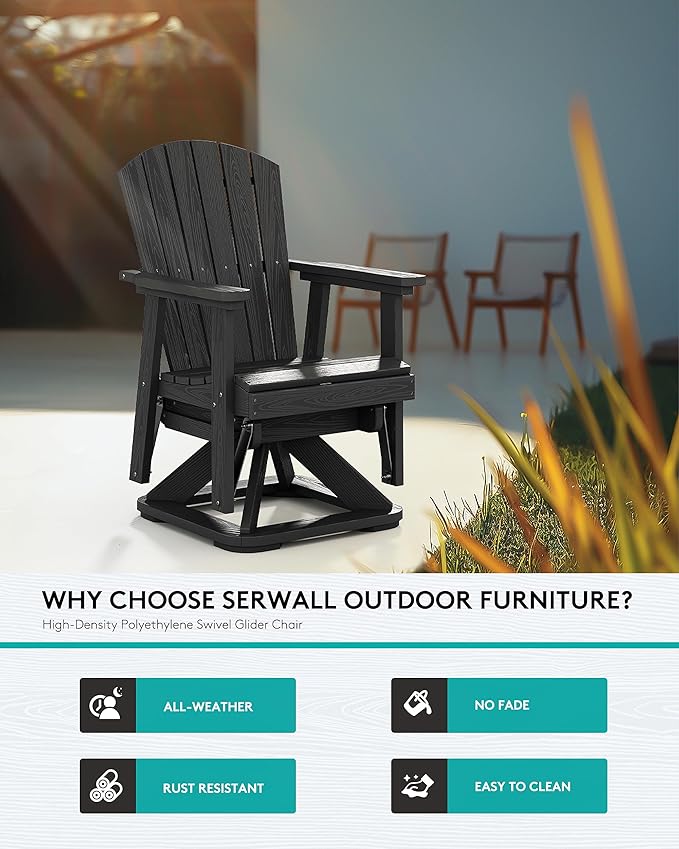 SERWALL Adirondack Swivel Glider Chair, HDPE Patio Glider for Outdoor, All-Weather Glider Chair for Porch, Balcony, Obsidian Black